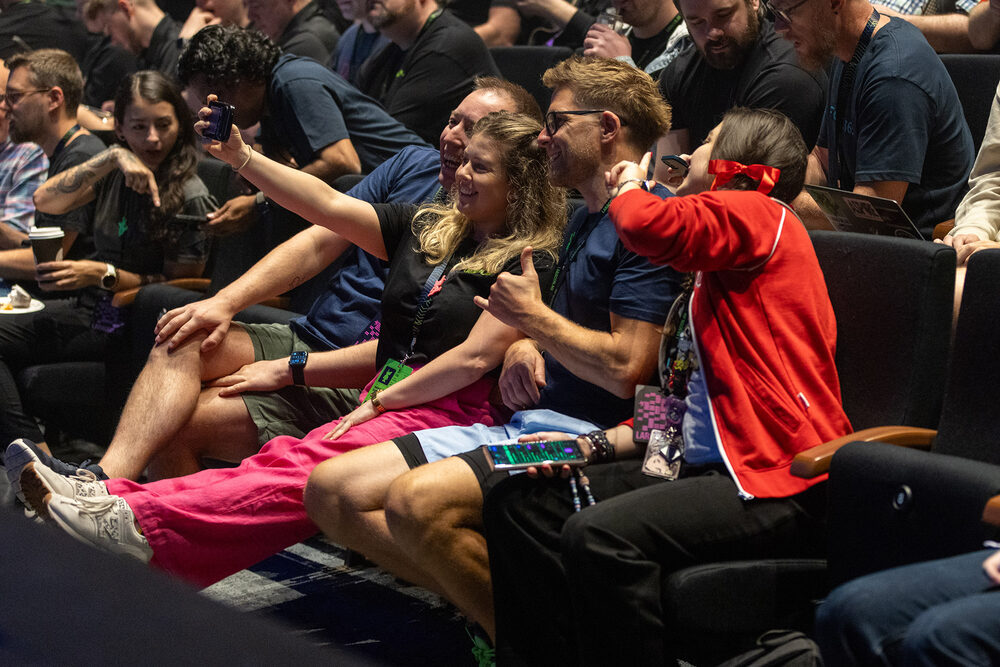 Audience laughing during a talk