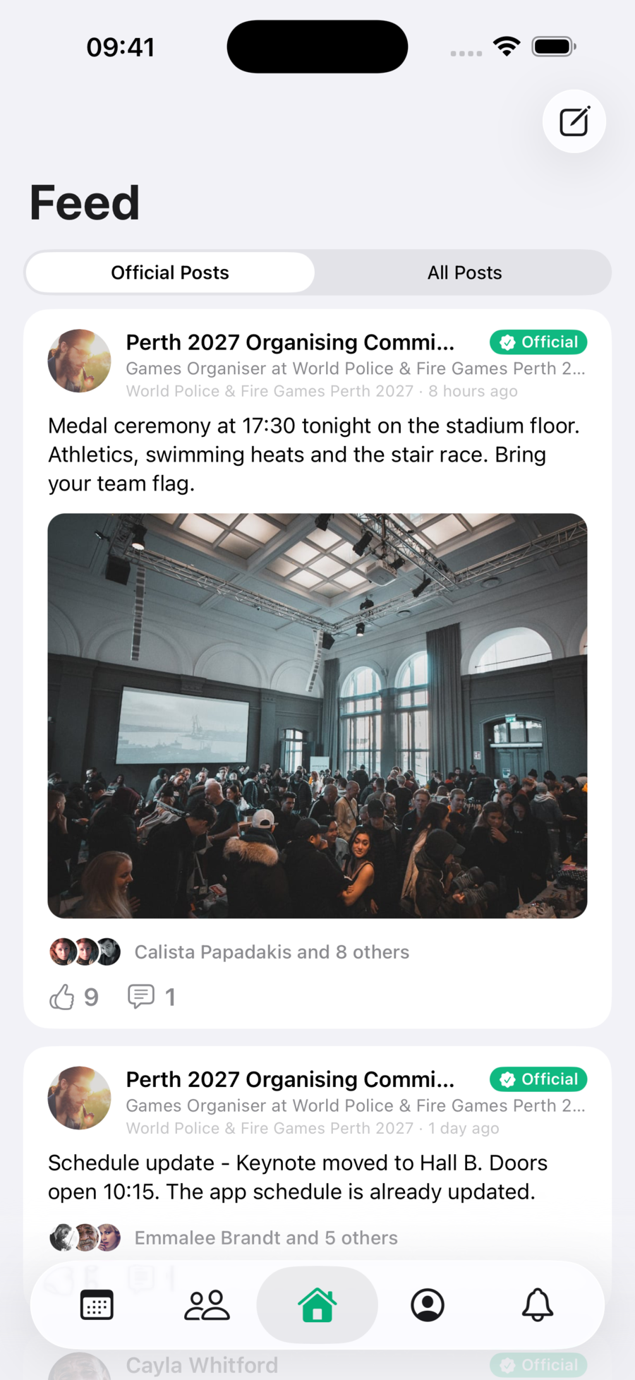 The WPFG community feed with official posts from the Perth 2027 Organising Committee shown first