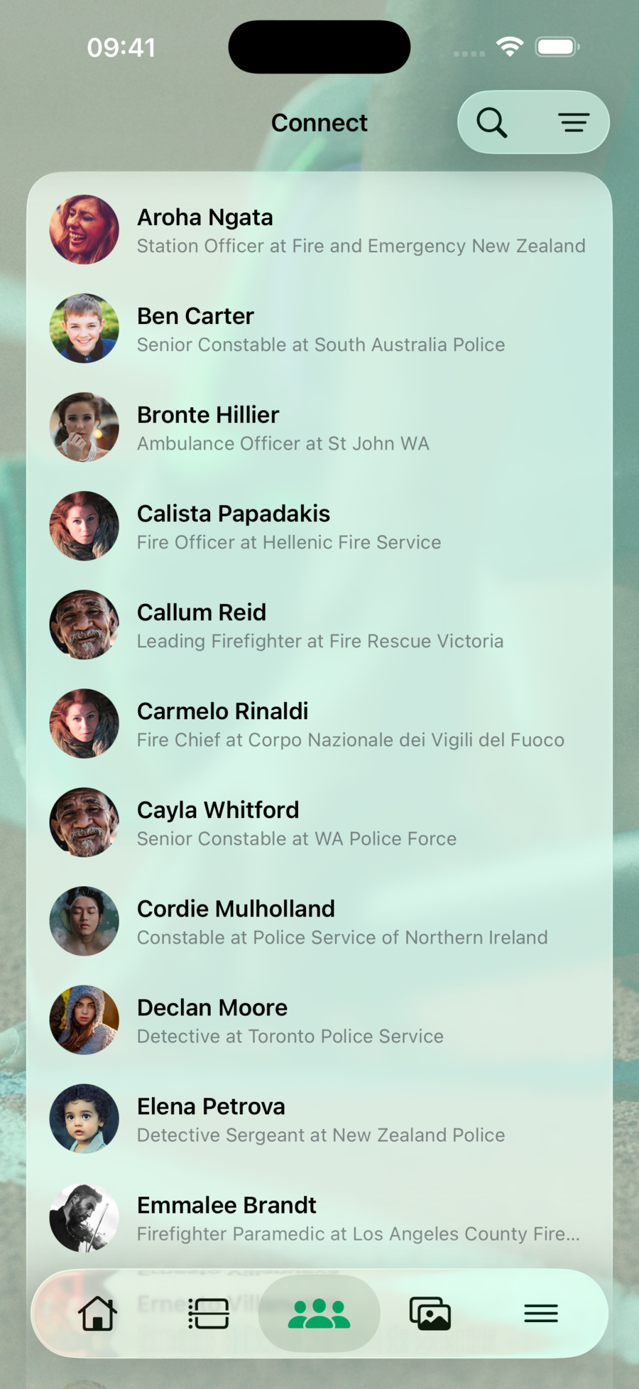 The WPFG app member directory listing police and fire officers from agencies around the world